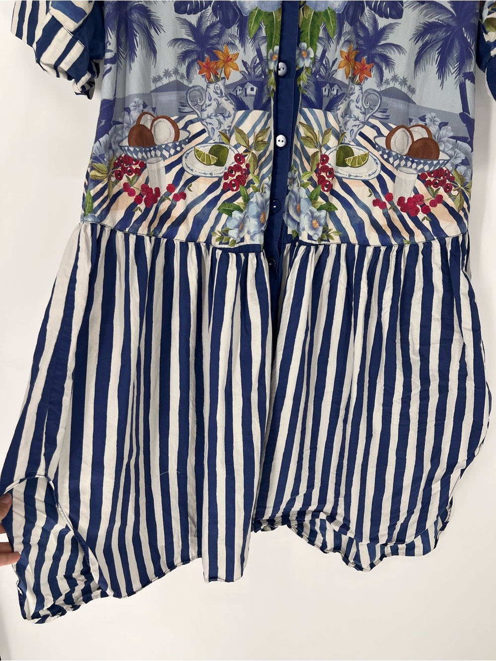 Farm Rio Blue Striped Tropical Button Front Floral Boho Resortwear Midi Dress XL - Picture 8 of 12